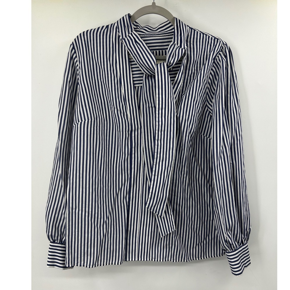 Maeve Anthropologie Navy White Striped Tie Neck Blouse Large OB1569731